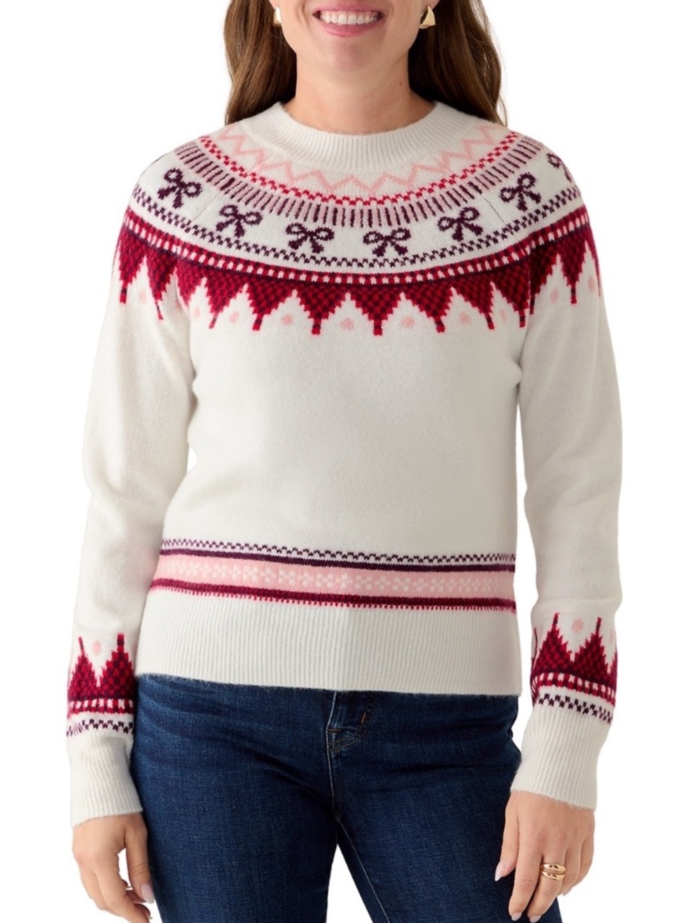 NWT CeCe Fair Isle Bow Sweater Ivory & Red Festive Holiday Medium $69